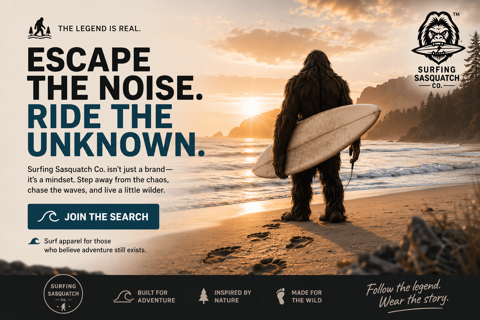 Escape the noise. Ride the unknown. Surfing Sasquatch Co.